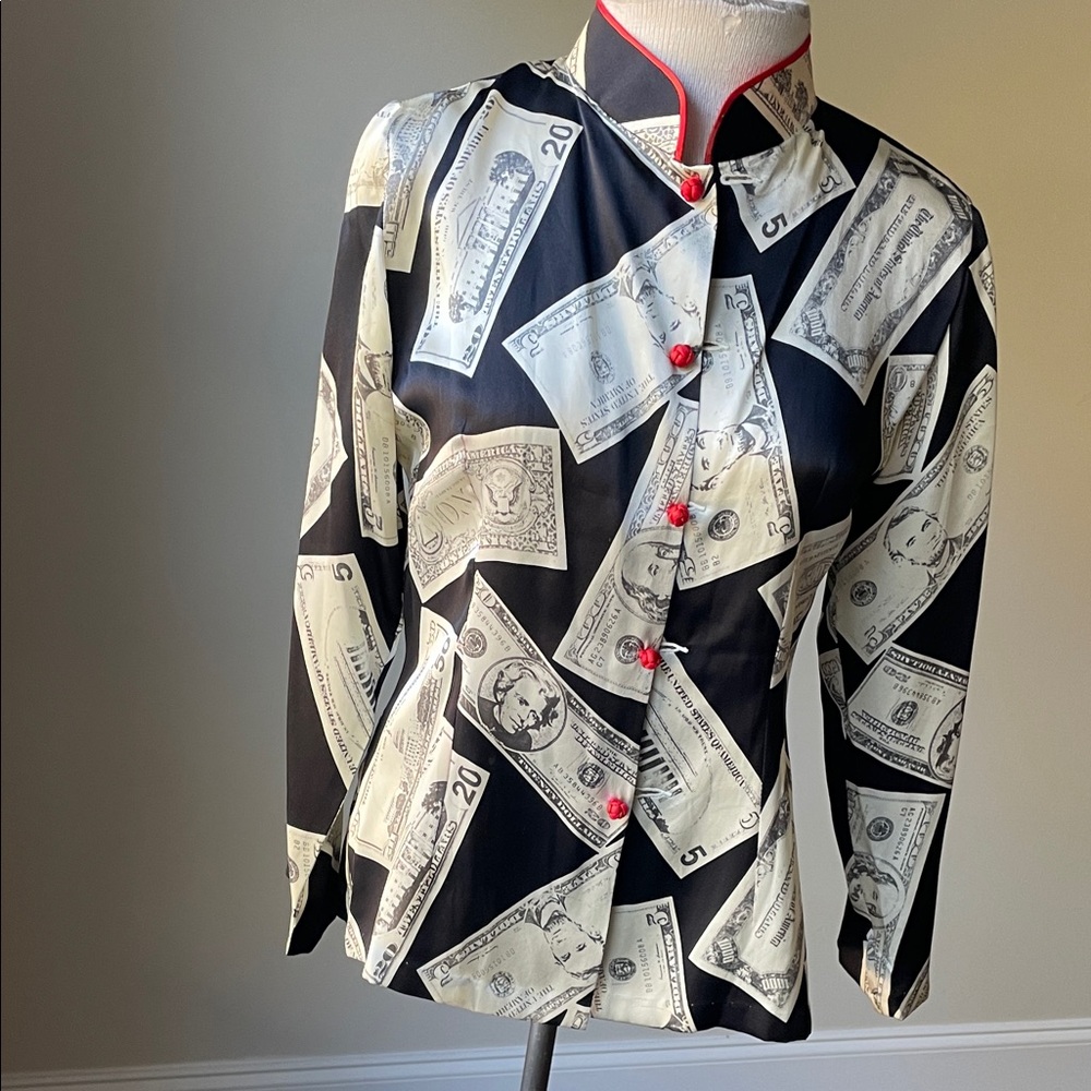 Stylish Money Print Blazer with Red Highlights